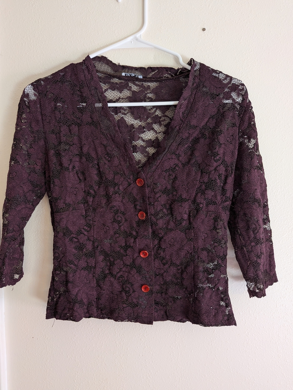 Heart Moon Star Plum Lace Button-Up Blouse with Red Buttons